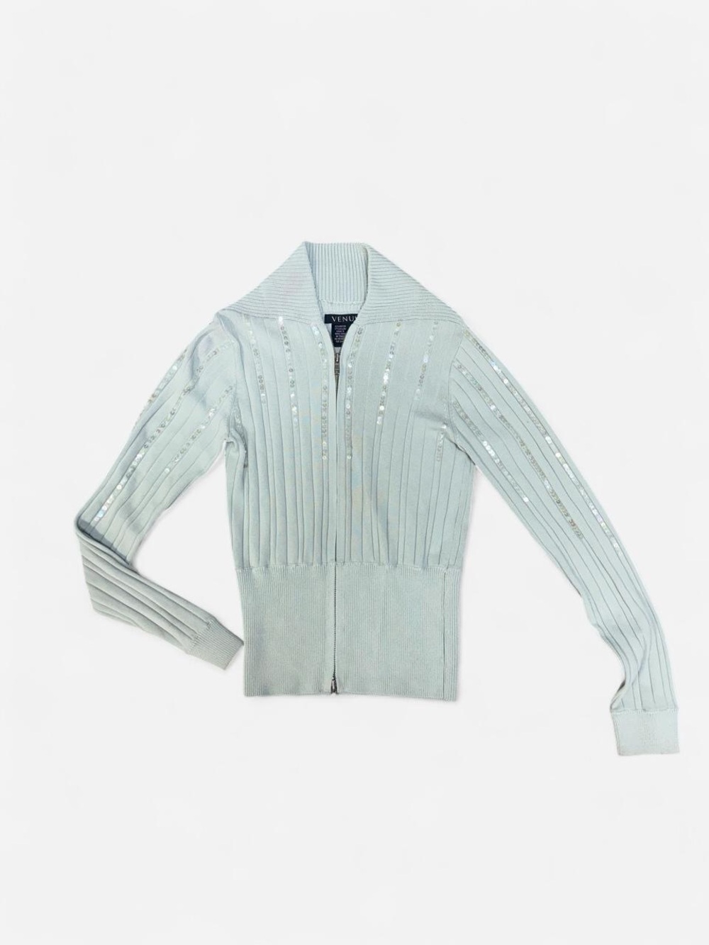 VENUS Mint Ribbed Zip-Up Jacket with Sequin Stripes